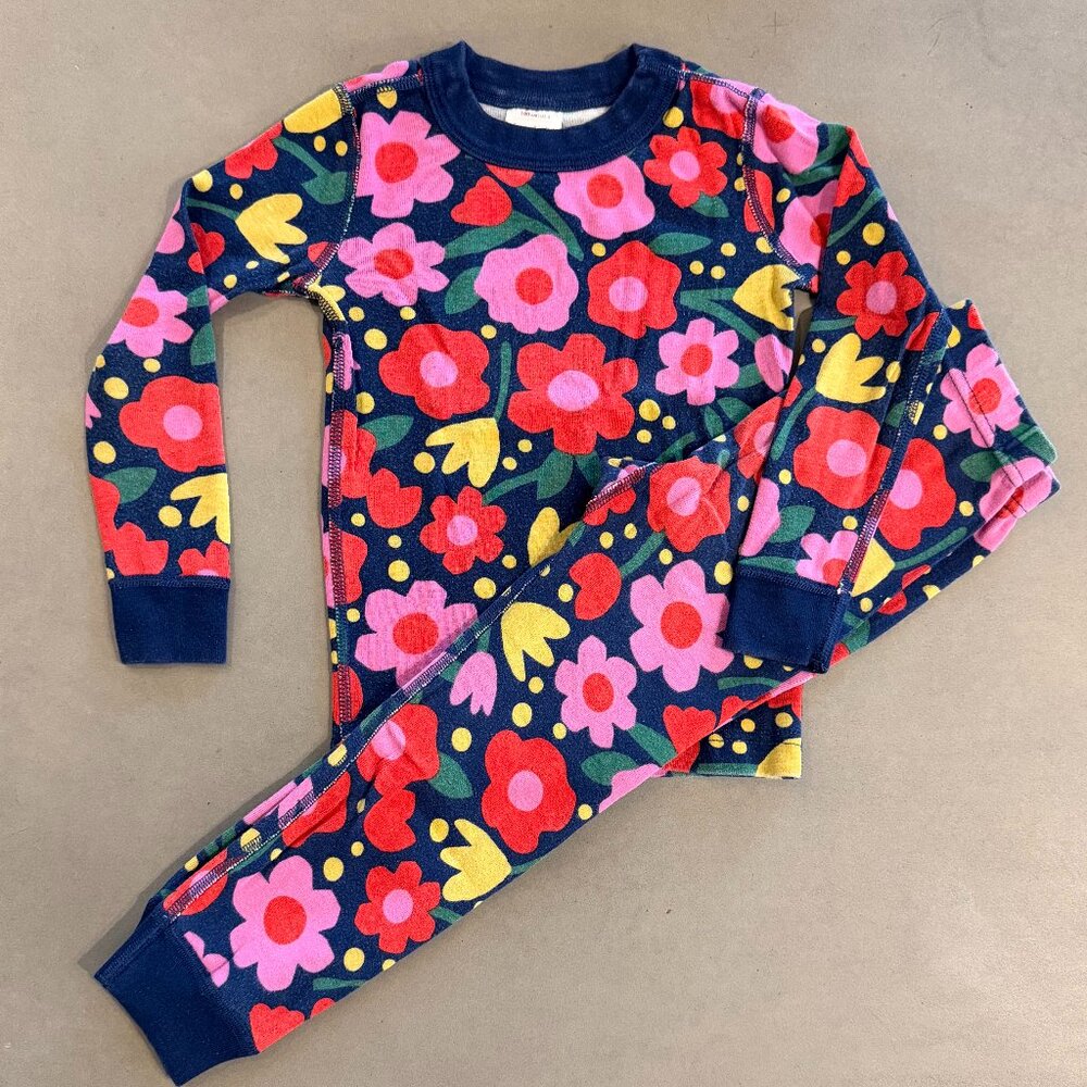 Hanna Andersson Navy Floral Pajama Set with Pink Red Yellow Flowers